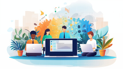 Office laptop, diversity and business people reading online report, website design feedback or research project. Collaboration, staff mentor and team designer working on company homepage development