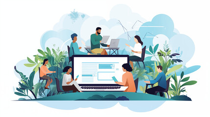 Office laptop, diversity and business people reading online report, website design feedback or research project. Collaboration, staff mentor and team designer working on company homepage development