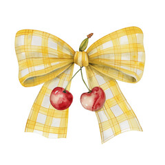 Charming yellow bow with white checks, complemented by two cherries, in pastel watercolor