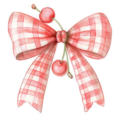 Pretty red bow with white checks and two cherries attached in pastel watercolor