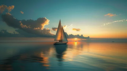 Gordijnen A solitary sailboat drifts lazily across a glassy lake, its billowing sails reflecting the soft hues of sunset. © ishtiaaq