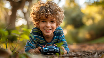  A youngster at a park playing with a remote-control car, his happy expression beaming at the camera. - obrazy, fototapety, plakaty