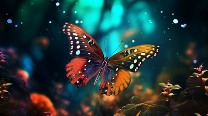bright colorful tropical butterfly in a mysterious forest against the backdrop of the cosmic starry sky