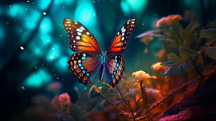 bright colorful tropical butterfly in a mysterious forest against the backdrop of the cosmic starry sky
