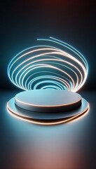 podium with neon lights forming a wave-like pattern. 3d stage for product display. an abstract platform for product presentation. podium for advertisement. tech products mockup. empty studio room