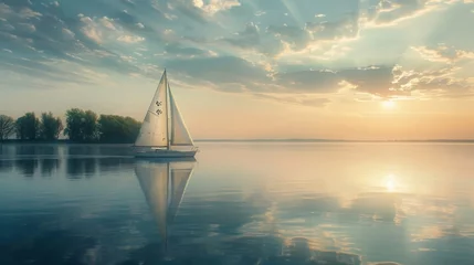 Deurstickers A solitary sailboat drifts lazily across a glassy lake, its billowing sails reflecting the soft hues of sunset. © ishtiaaq