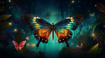 bright colorful tropical butterfly in a mysterious forest against the backdrop of the cosmic starry sky