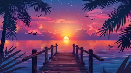 Foto op Canvas Beautiful sunset over sea view from wooden pier. Vector illustration of fantastic seascape with sun rising or going down on horizon © Praphan