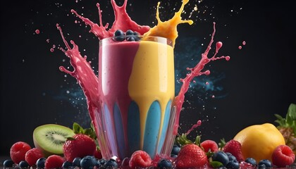 Smoothies, Healthy and vibrant smoothie. Capture dramatic smoothie splash. Creative Dynamic compotition vary angle. Macro Food photography, taken by very high tech expensive camera. Eyecatching, mouth - obrazy, fototapety, plakaty