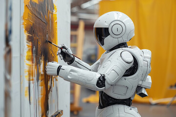 a white robot is painting on a canvas,generative ai