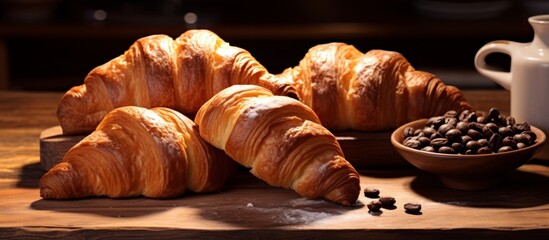 Freshly baked croissants and aromatic coffee beans arranged beautifully on a wooden table