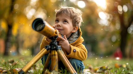  A youngster pretending to gaze at the stars while using a toy telescope at a park is captured on camera. - obrazy, fototapety, plakaty