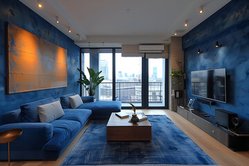 Stylish contemporary design of modern apartment living room in deep navy blue colors, lot of green house plants and concrete elements