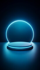 empty podium in the dark, bathed in neon blue light. 3d stage for product display. an abstract platform for product presentation. podium for advertisement. tech products mockup. empty studio room