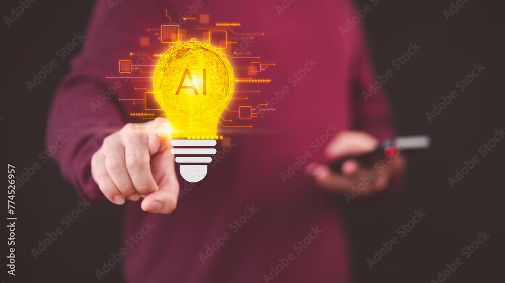 Poster Male user use smartphone to generate ideas with AI helping. Technology AI with Innovation through and inspiration ideas, idea of creativity and inspiration concept of sustainable business development.