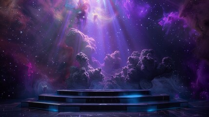 The eerie glow of a distant nebula illuminates the holographic podium casting a mysterious and alluring atmosphere sure to captivate . .