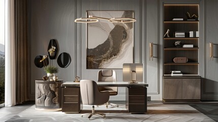 A sophisticated home office setup with a marble-top desk, designer chair, and tasteful decor accents, illuminated by a cascading pendant light.