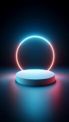 empty podium with rounded neon circle. 3d stage for product display. an abstract platform for product presentation. podium for advertisement. tech products mockup. empty studio room