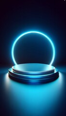 3d empty rounded Podium Bathed in Electric Blue Neon. 3d stage for product display. an abstract platform for product presentation. podium for advertisement. tech products mockup. empty studio room