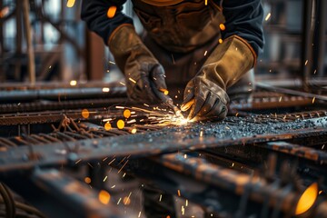 Close-up view of a skilled worker’s hands welding metal rods together, with intense sparks flying from the point of contact.
