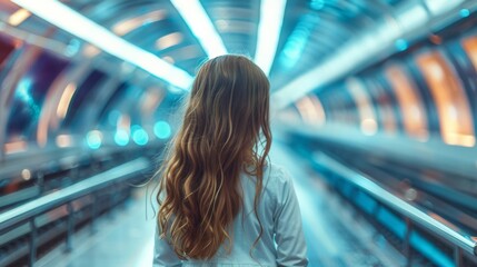 A young girl back to the camera looks at the futuristic train with curiosity and wonder eager to discover what lies ahead in time. . . - obrazy, fototapety, plakaty