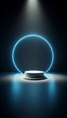 rounded podium, enveloped in darkness with neon lighs. 3d stage for product display. an abstract platform for product presentation. podium for advertisement. tech products mockup. empty studio room