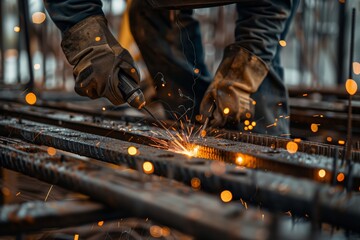 Close-up view of a skilled worker’s hands welding metal rods together, with intense sparks flying from the point of contact. - obrazy, fototapety, plakaty
