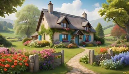 Fototapeta na wymiar Quaint Countryside Cottage Surrounded By Colorful 3
