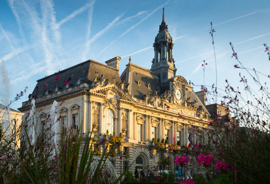 Impressive architecture of Tours Town Hall in rays of morning sun, France..