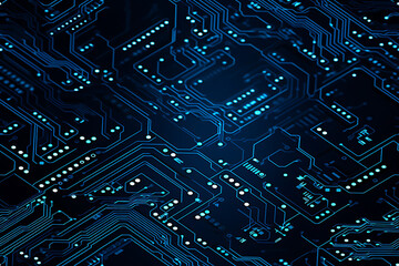 Abstract blue circuit board pattern, symbolizing high-tech digital technology and electronics. Generative AI