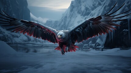 Enigmatic Vulture Perched Amidst an Icy Wasteland, Its Eyes Emitting an Unearthly Glow, Capturing the Essence of Nature's Frustrating Yet Majestic Beauty
