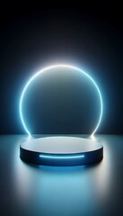 rounded podium, enveloped in darkness with neon lighs. 3d stage for product display. an abstract platform for product presentation. podium for advertisement. tech products mockup. empty studio room
