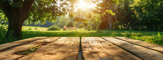 ぼんやりとした緑の庭園と、ピクニックやバーベキューを行う背後に夏の空が広がる木製テーブル-生成AI - obrazy, fototapety, plakaty