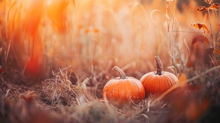 Two pumpkins are placed in the center of a large field during the autumn season - Powered by Adobe