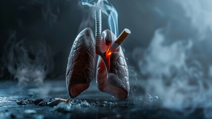 Cigarette burns human lungs, emphasizes the detrimental effects of smoking on respiratory health