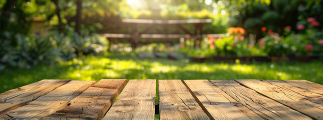 ぼんやりとした緑の庭園と、ピクニックやバーベキューを行う背後に夏の空が広がる木製テーブル-生成AI - obrazy, fototapety, plakaty