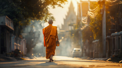 Back view of a monk walking on the street to receive food in the morning and a temple as a background in Thailand. 