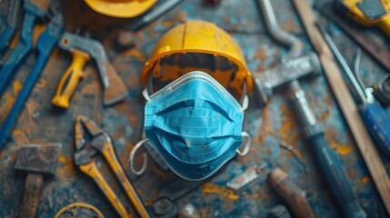 Fototapeta premium Close-up of dust mask amid construction tools, vibrant ad for safety gear, high-resolution