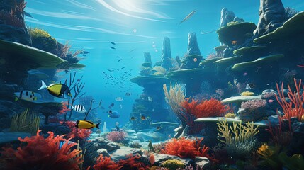 Underwater view of the coral reef. Ecosystem. Life in tropical waters.
