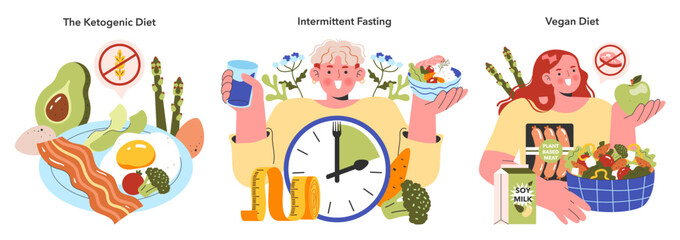 Dietary Choices Series set. Vibrant illustrations of the ketogenic, intermittent fasting, and vegan diets, highlighting food options and meal timing. Vector illustration