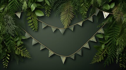 Green tree foliage with pennant string decoration.