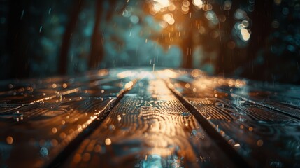 Raindrops on the wooden bridge in the forest at sunset. Blurred background - obrazy, fototapety, plakaty