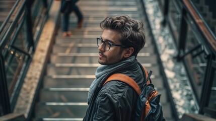 Handsome young man with stylish haircut and eyeglasses looking away while standing on stairs