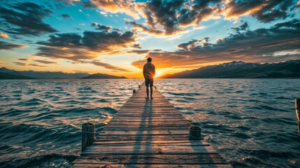 Man standing on a wooden pier at sunset