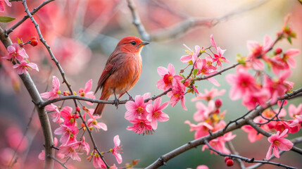 Red bird on pink sakura blossom (Cherry blossom) - obrazy, fototapety, plakaty