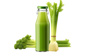 Bottle of Celery Juice with Celery Sticks Realistic Portrait Isolated On Transparent Background Or PNG.