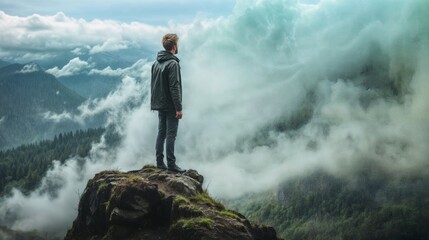 Man standing on the edge of a cliff and looking at the misty valley - obrazy, fototapety, plakaty