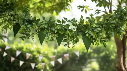 Green tree foliage with pennant string decoration. - obrazy, fototapety, plakaty