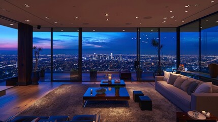 Fototapeta premium Luxury apartment with views of downtown Los Angeles at night in high resolution and high quality. housing concept, apartment, city, Los Angeles
