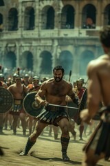 Gladiator in coliseum: fierce warrior in iconic roman arena, epitome of ancient combat, historical spectacle in majestic rome, dramatic portrayal of bravery and valor